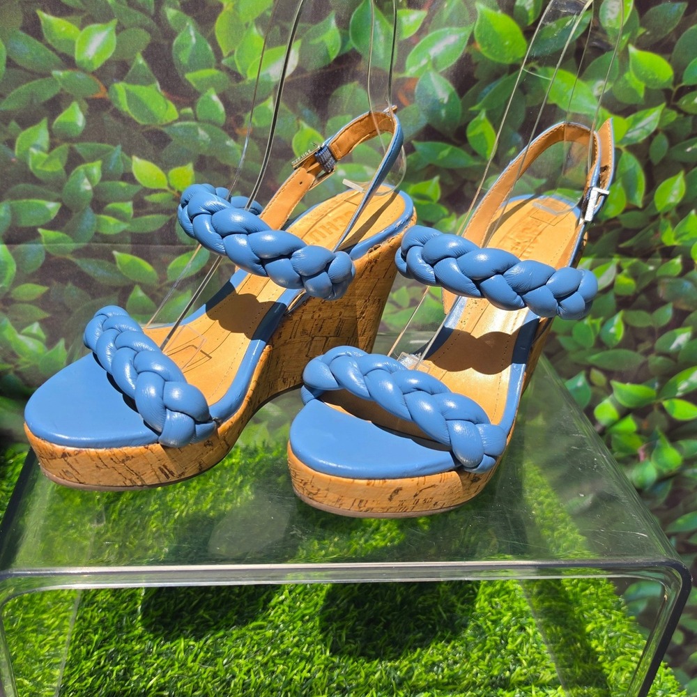 Schutz Blue Braided Leather Cork Wedge Platform Sandals Womens 6B Made in Brazil